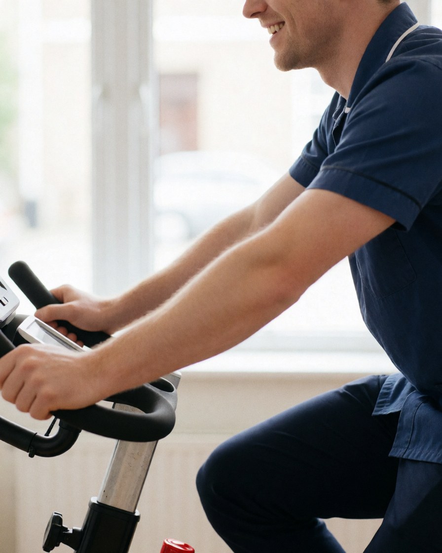 Un patient effectue un exercice de rééducation sur un vélo stationnaire dans un centre de kinésithérapie, souriant pendant sa séance de récupération.