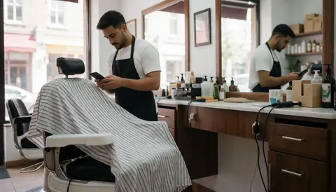 Intérieur animé d'un salon de barbier avec des outils, des miroirs et des produits disposés sur une table, évoquant une atmosphère professionnelle et moderne.