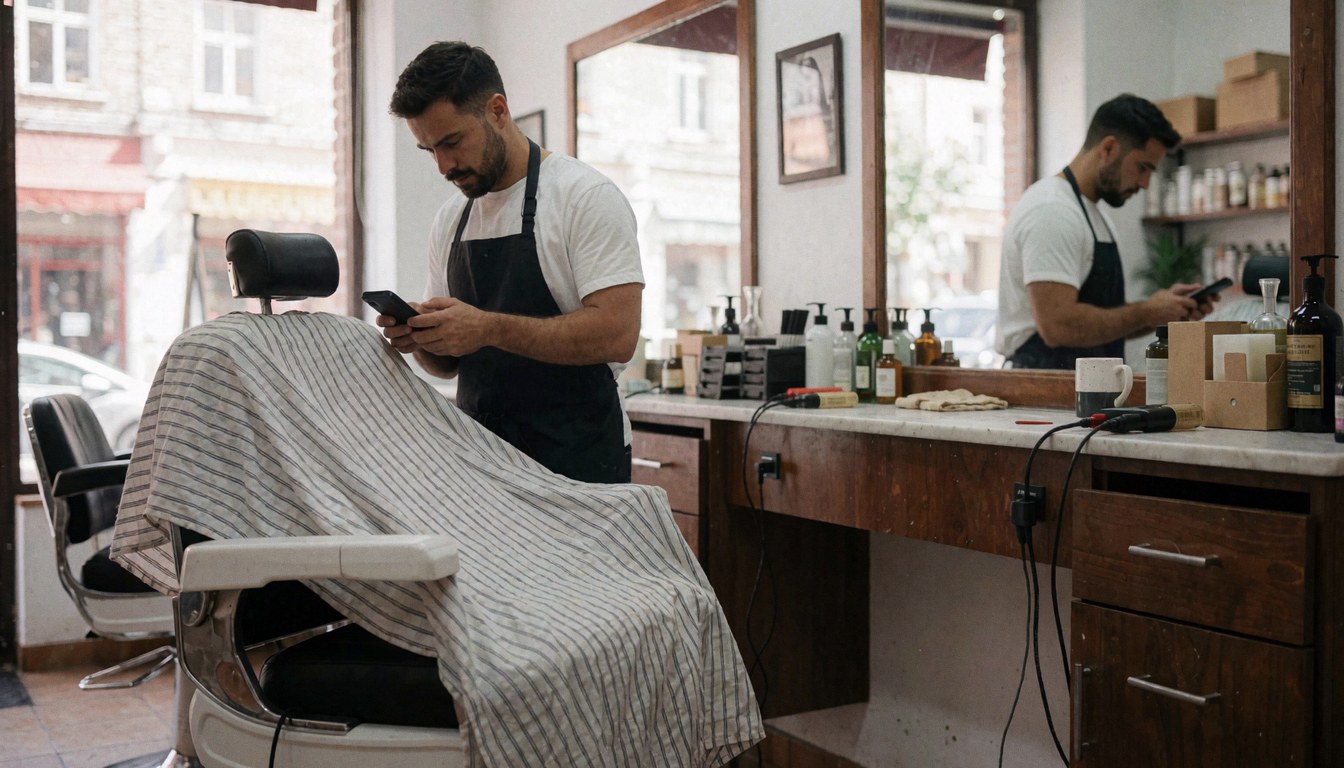 Intérieur animé d'un salon de barbier avec des outils, des miroirs et des produits disposés sur une table, évoquant une atmosphère professionnelle et moderne.
