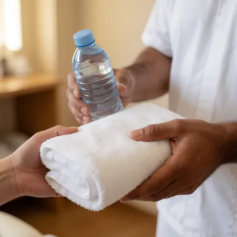 Un professionnel de la santé remet une serviette propre à un client dans un cadre clinique apaisant pour favoriser le bien-être.