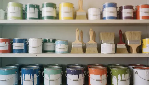 Fond de peinture avec des boîtes et des pinceaux sur une étagère, idéal pour les textes commerciaux. Couleurs douces et harmonieuses, parfait pour le design web et les projets de décoration.