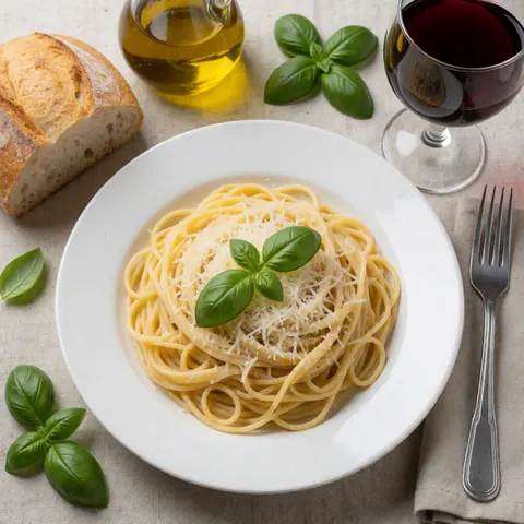 Assiette de pâtes avec basilic frais et fromage râpé, accompagnée de pain, huile d'olive, vin rouge et couverts sur une table en bois.