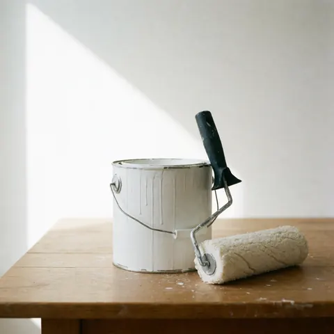 Un pot de peinture blanche et un rouleau posés sur une table en bois, éclairés par la lumière naturelle, idéaux pour des projets de rénovation intérieure.