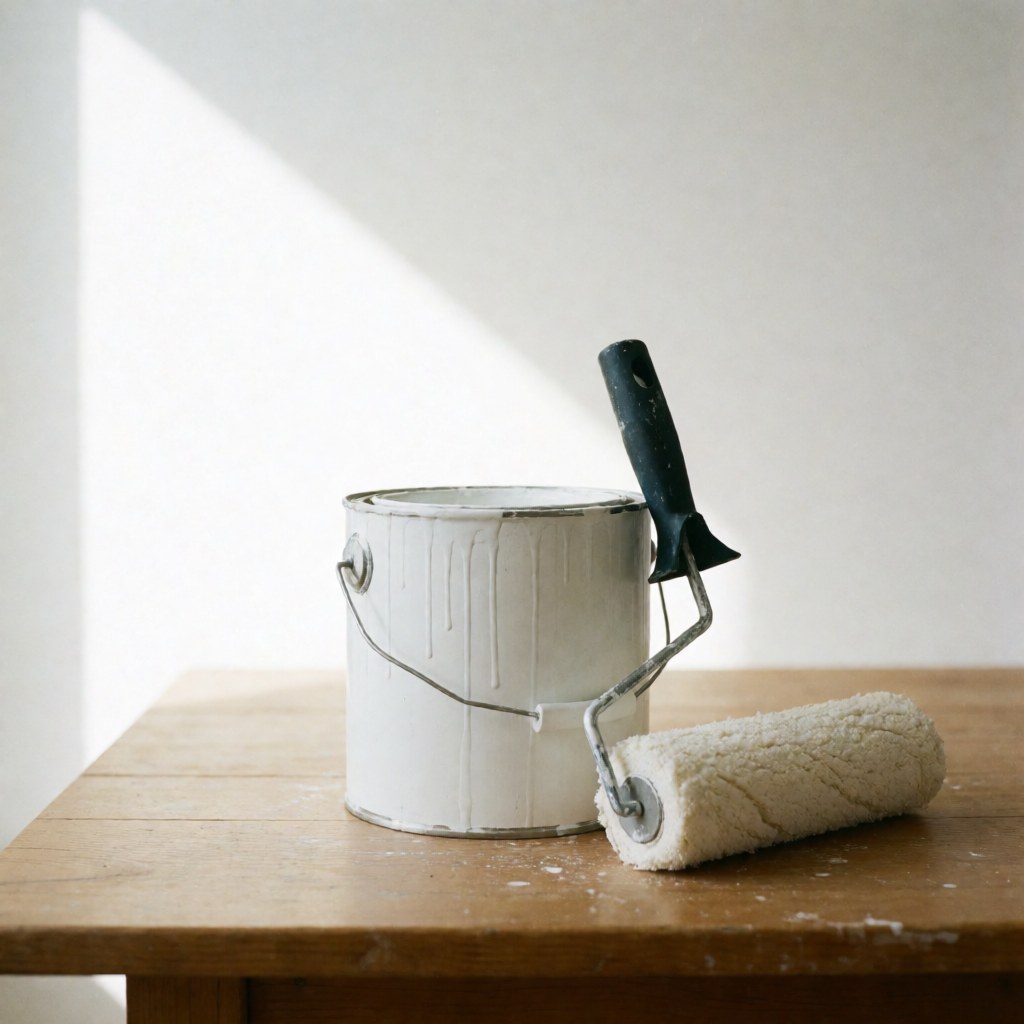 Un pot de peinture blanche et un rouleau posés sur une table en bois, éclairés par la lumière naturelle, idéaux pour des projets de rénovation intérieure.