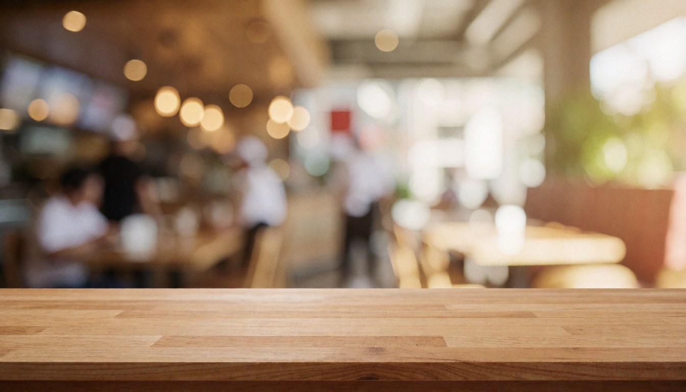 Une table en bois nue sert de fond pour du texte, avec un intérieur de restaurant chaleureux et flou en arrière-plan.