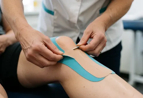 Physiothérapeute posant du ruban kinésiologique sur la jambe d'un patient dans un cabinet médical, vue rapprochée des mains et de l'équipement.