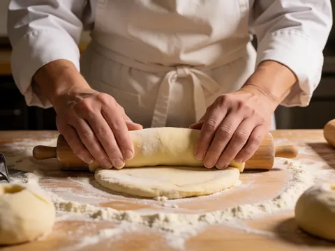 Un cuisinier utilise un rouleau à pâtisserie en bois pour étaler la farine sur une table en bois dans une cuisine chaleureuse et bien éclairée.