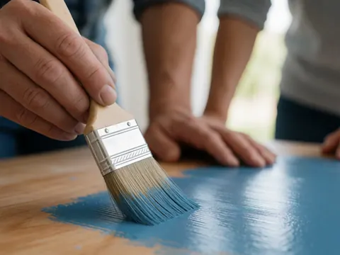 Gros plan sur des mains tenant un pinceau à peinture, montrant les détails du travail manuel et la texture du pinceau.