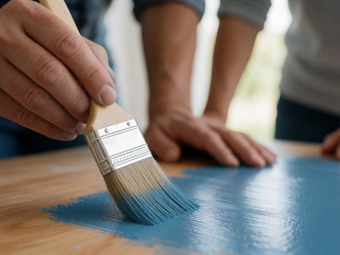 Gros plan sur des mains tenant un pinceau à peinture, montrant les détails du travail manuel et la texture du pinceau.