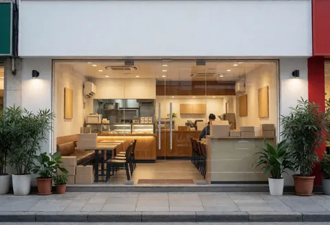 Façade de restaurant avec portes vitrées, plantes et éclairage chaleureux. Intérieur visible avec tables et chaises. Idéal pour un commerce alimentaire.