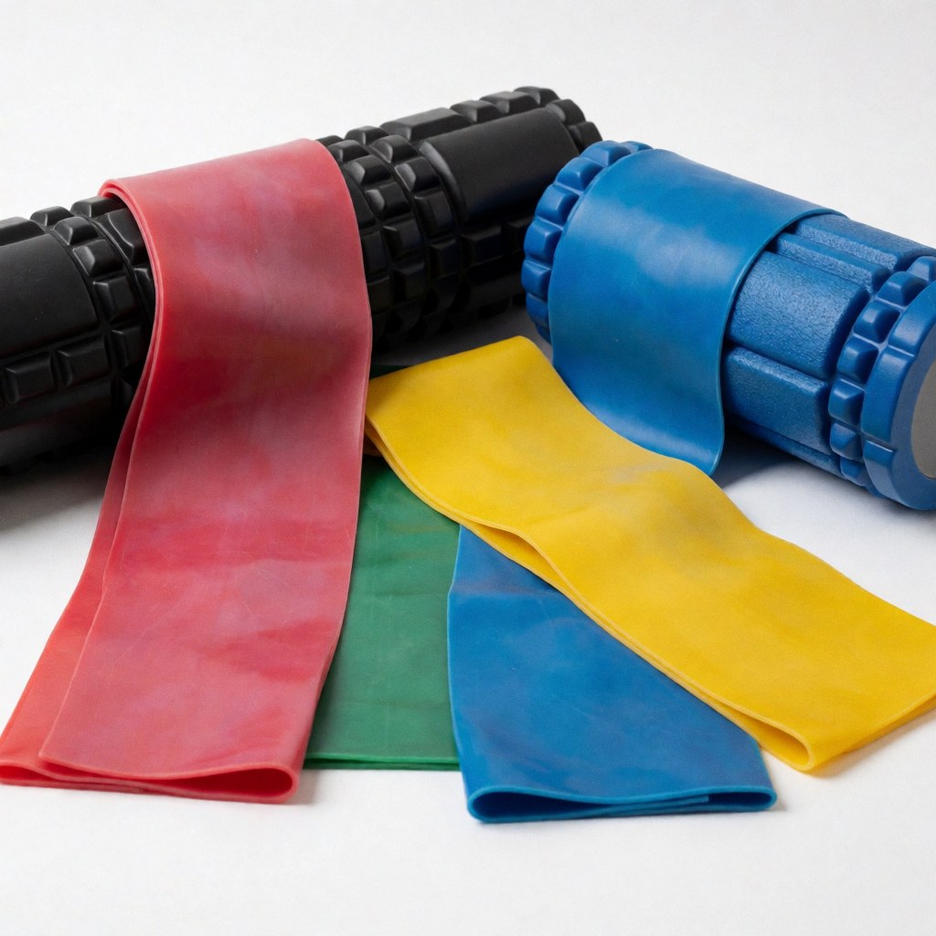 Bandes élastiques et rouleaux de massage en couleurs sur fond blanc pour la rééducation et le fitness.