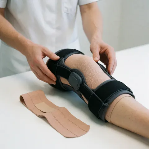 Un physiothérapeute ajuste un appareil de soutien sur le genou d'un patient allongé sur une table blanche, avec du ruban médical à proximité dans un environnement clinique.