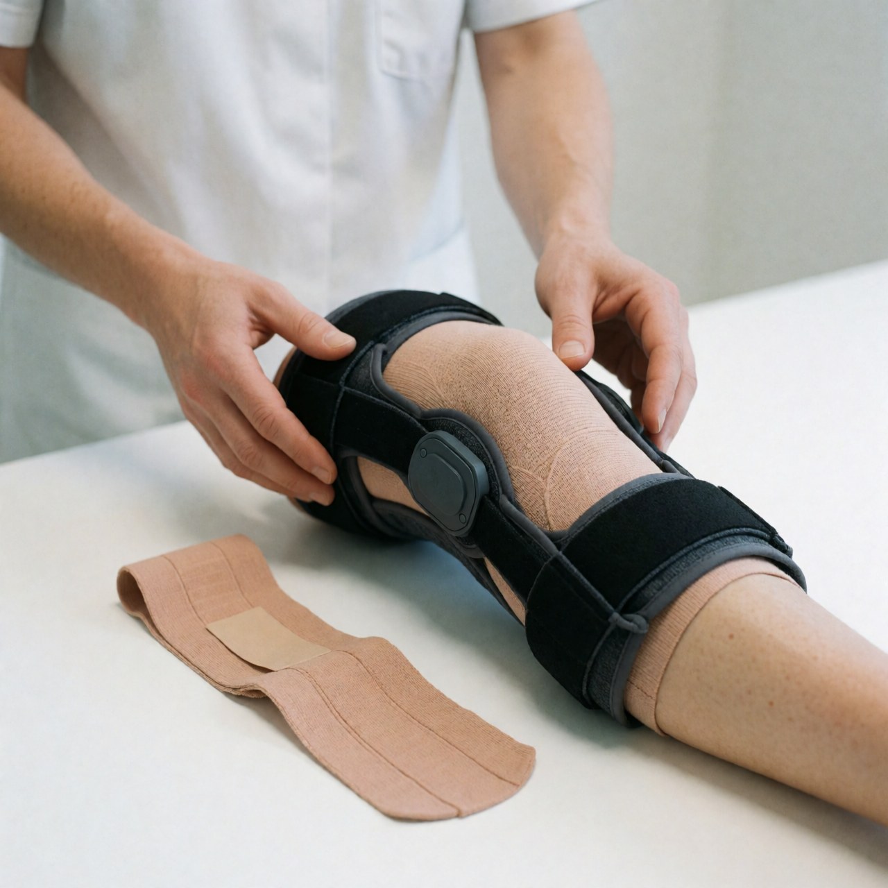 Un physiothérapeute ajuste un appareil de soutien sur le genou d'un patient allongé sur une table blanche, avec du ruban médical à proximité dans un environnement clinique.