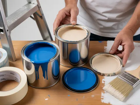 Peinture professionnelle sur table de travail avec peintures bleues et beige, pinceau, ruban et échelle, idéale pour projets intérieurs et extérieurs.