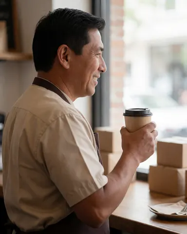 Un homme sourit en tenant une tasse de café chaud près d'une fenêtre baignée de lumière naturelle dans un intérieur chaleureux.