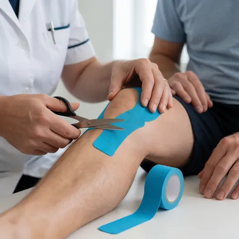 Un physiothérapeute applique un ruban bleu sur le genou d'un patient, avec des ciseaux et un rouleau de ruban sur une table blanche dans un cadre clinique professionnel.