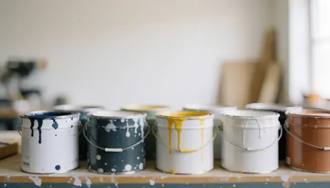 Plusieurs laitons de peinture de différentes couleurs disposés sur une étagère en atelier avec un fond flou, idéal pour un arrière-plan texturé de nettoyage ou de rénovation.