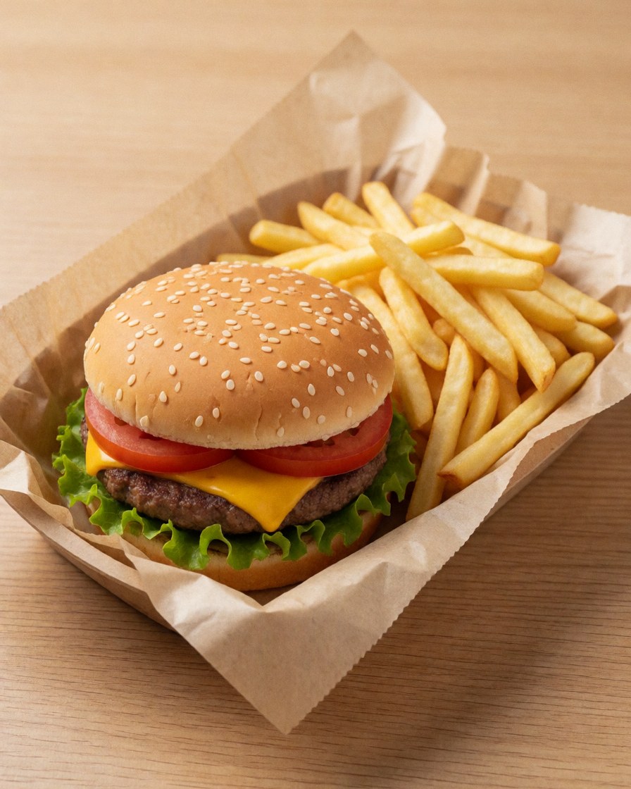 Hamburger au fromage, tomate et laitue sur pain aux graines, accompagné de frites dorées dans une boîte en papier sur une table en bois clair.
