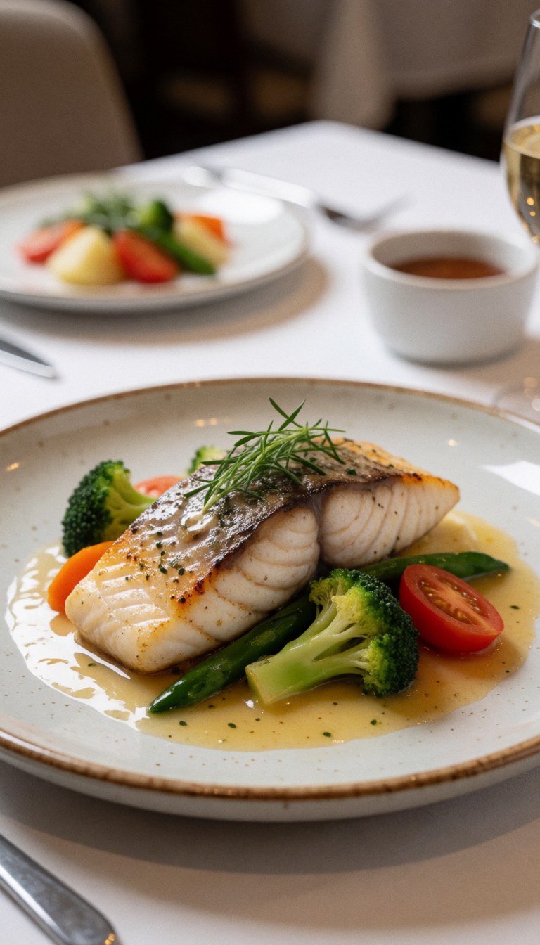Un plat principal composé de poisson, de brocoli, de tomates et d'épinards, nappé de sauce et d'huile d'olive, présenté sur une assiette en céramique blanche.