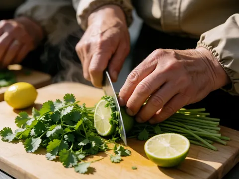 Des mains adultes tranchent de la coriandre et une lime sur une planche en bois, baignées d'une lumière naturelle avec un léger vapeur, scène réaliste de cuisine.