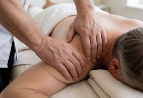 Un thérapeute réalise une manipulation manuelle des tissus mous sur l'épaule d'un patient allongé sur une table de traitement.