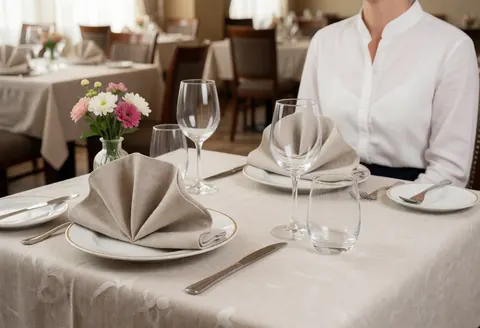 Une table de restaurant élégante avec une nappe, des serviettes pliées, de la vaisselle, des verres et des fleurs dans un cadre chaleureux et professionnel.