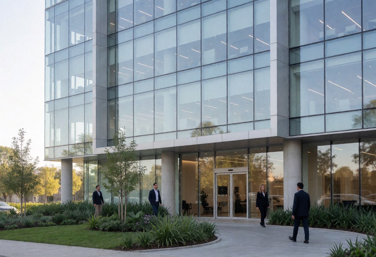 Façade en verre d'un immeuble contemporain, entrée avec jardin et personnes marchant, idéal pour présentations et formation professionnelle.
