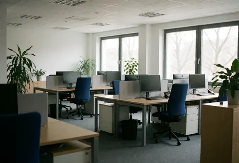 Espace de travail moderne et lumineux avec bureaux, chaises bleues, ordinateurs et plantes vertes. Idéal pour les ressources humaines.