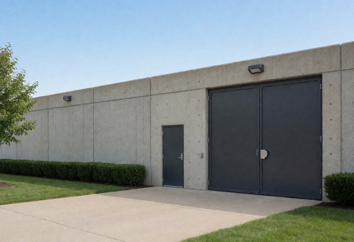 Façade d'un bâtiment industriel dotée de grandes portes métalliques, de murs en béton, de pelouses et d'arbustes sous un ciel clair, adapté aux activités de sécurité et de stockage.