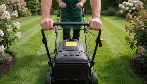 Un jardinier professionnel tond la pelouse avec une tondeuse électrique lors d'un service d'entretien paysager en extérieur.
