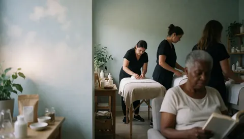 Scène apaisante évoquant la détente avec des plantes, une lumière douce, un mur clair, une table, une chaise, une serviette, un sac et un verre.
