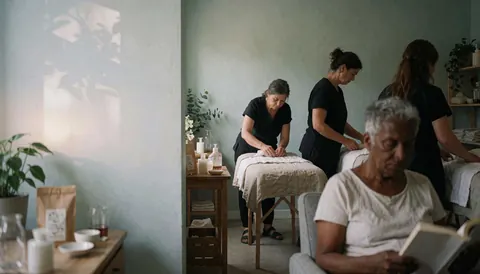 Scène apaisante évoquant la détente avec des plantes, une lumière douce, un mur clair, une table, une chaise, une serviette, un sac et un verre.