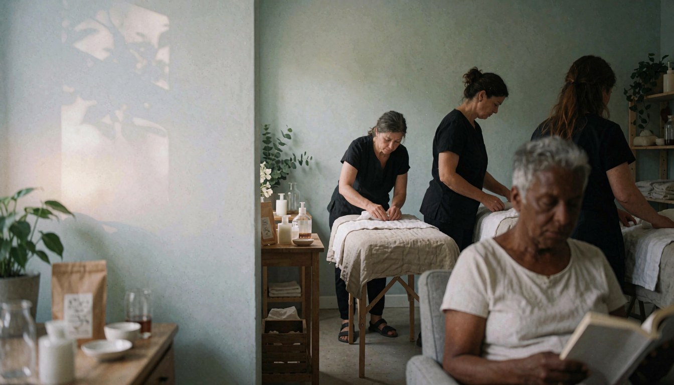 Scène apaisante évoquant la détente avec des plantes, une lumière douce, un mur clair, une table, une chaise, une serviette, un sac et un verre.