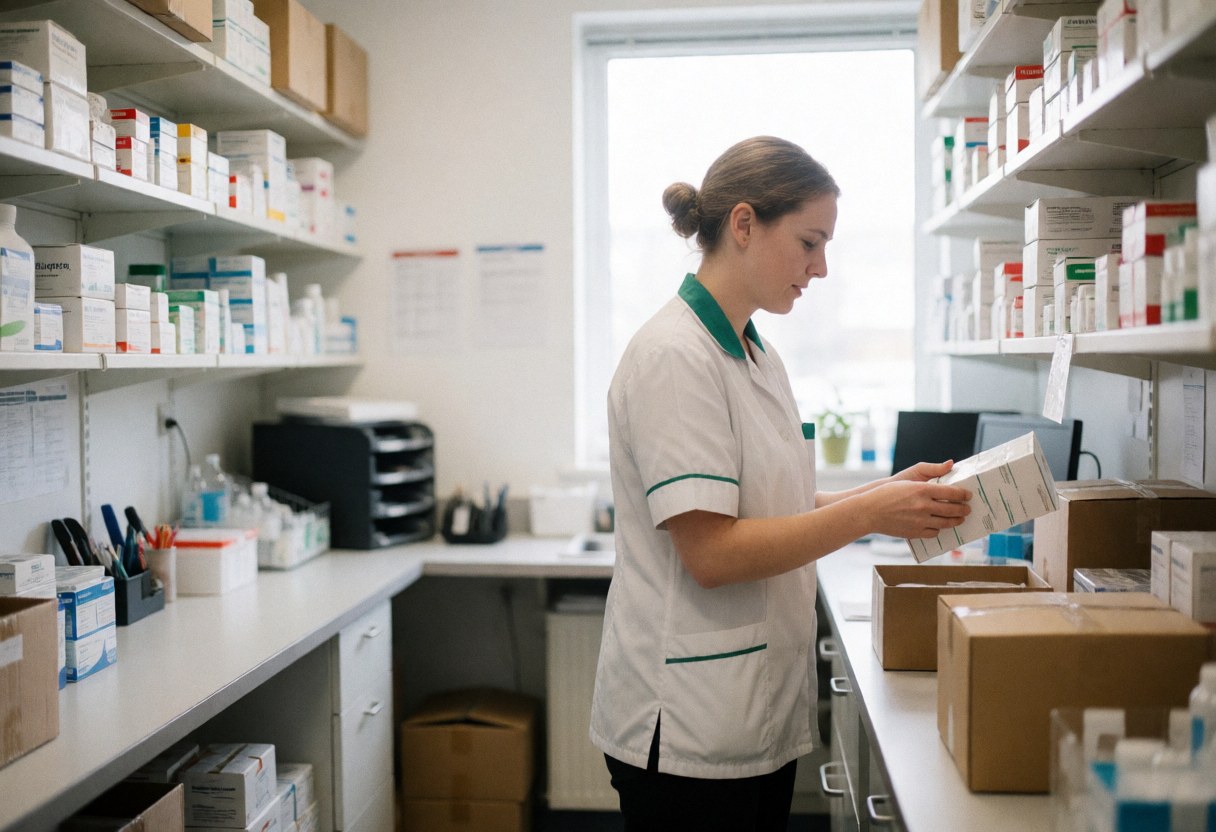 Vue d'un espace de travail où des étagères sont remplies de produits et de boîtes pour la gestion du stock.