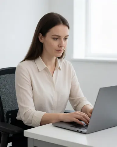 Vue rapprochée des mains d'une femme tapant sur un clavier d'ordinateur portable blanc posé sur un bureau gris dans un environnement de travail professionnel.