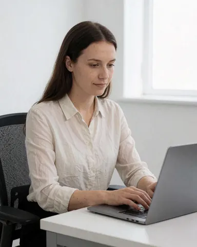 Vue rapprochée des mains d'une femme tapant sur un clavier d'ordinateur portable blanc posé sur un bureau gris dans un environnement de travail professionnel.