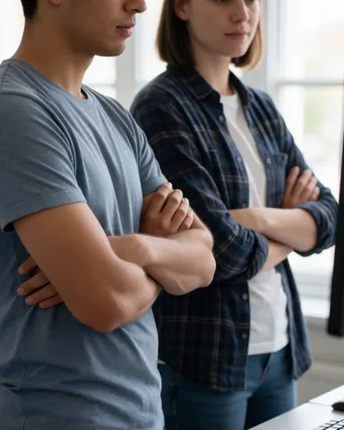 Deux développeurs de logiciels bras croisés observant un ordinateur dans un laboratoire éclairé par la lumière naturelle, vêtus de manière décontractée avec une expression concentrée.