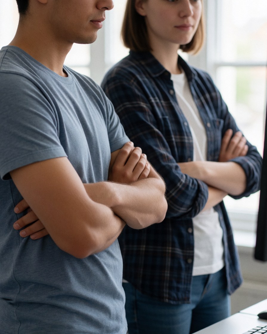 Deux développeurs de logiciels bras croisés observant un ordinateur dans un laboratoire éclairé par la lumière naturelle, vêtus de manière décontractée avec une expression concentrée.