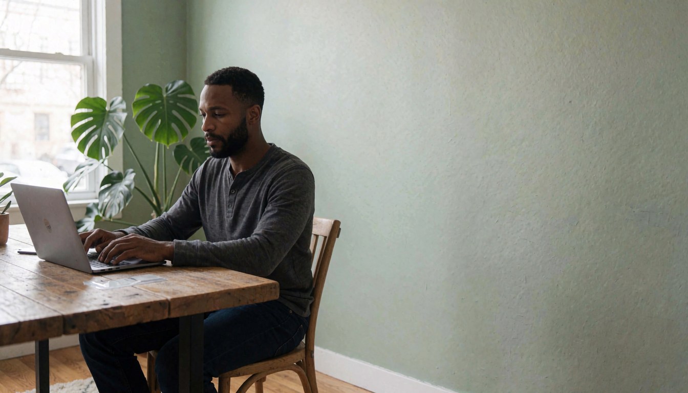 Un agent professionnel travaille sur un ordinateur portable posé sur un bureau en bois récupéré, dans un espace de travail lumineux avec une plante verte et un mur vert sage.