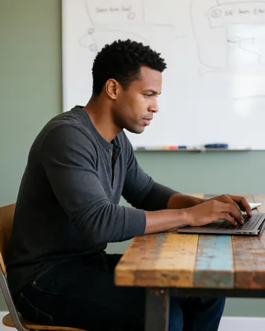 Jeune homme concentré devant son ordinateur portable sur un bureau en bois, avec un tableau blanc et des murs verts en arrière-plan.