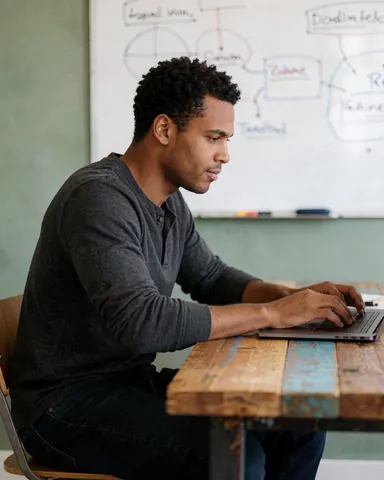 Jeune homme concentré devant son ordinateur portable sur un bureau en bois, avec un tableau blanc et des murs verts en arrière-plan.