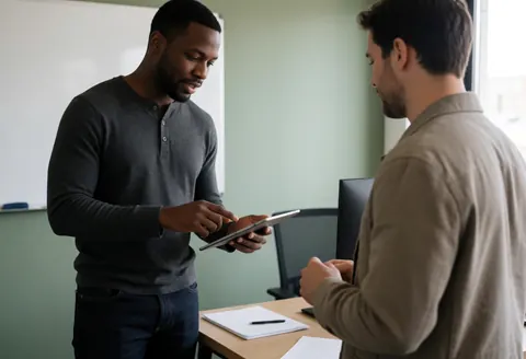 Un professionnel montre des informations sur une tablette à un client assis à une table dans un bureau aux murs verts sauge, avec ordinateur et cahet visibles.