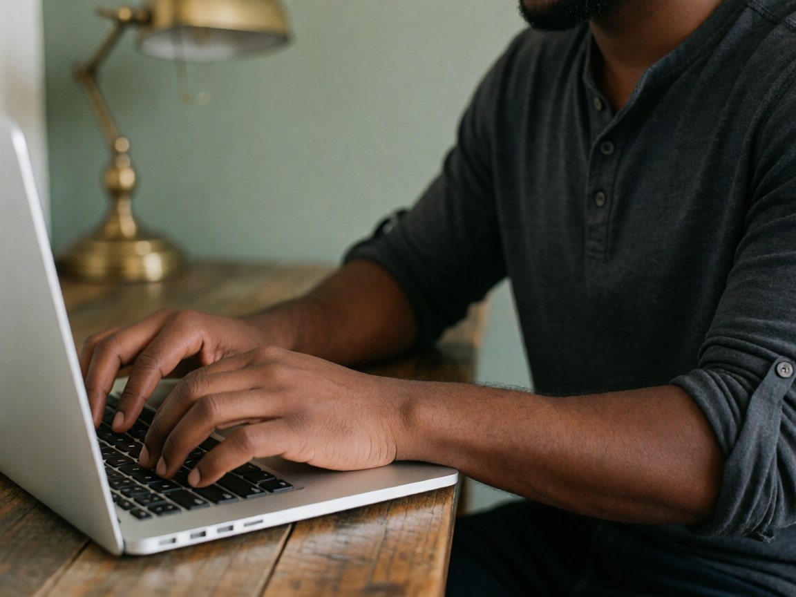 Vue rapprochée des mains d'un homme écrivant sur un papier posé sur un bureau en bois, avec un ordinateur portable et une lampe à côté.