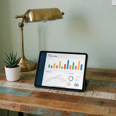 Tablette posée sur une table en bois avec plante succulente et lampe de bureau, idéale pour agences de marketing digital.