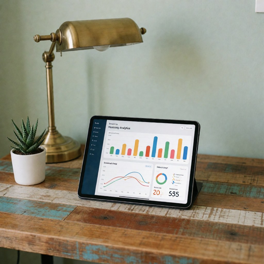 Tablette posée sur une table en bois avec plante succulente et lampe de bureau, idéale pour agences de marketing digital.