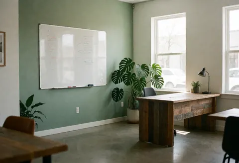 Un bureau vide dans un espace de travail moderne avec une plante verte, un tableau blanc et une lumière naturelle.