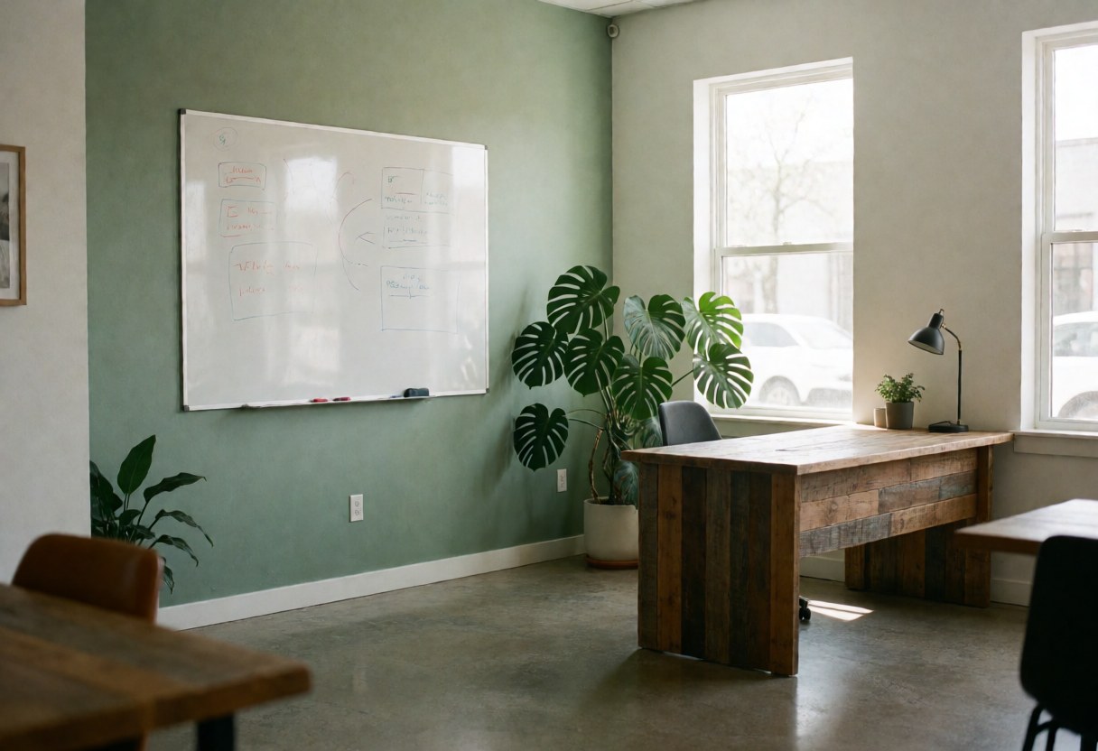 Un bureau vide dans un espace de travail moderne avec une plante verte, un tableau blanc et une lumière naturelle.
