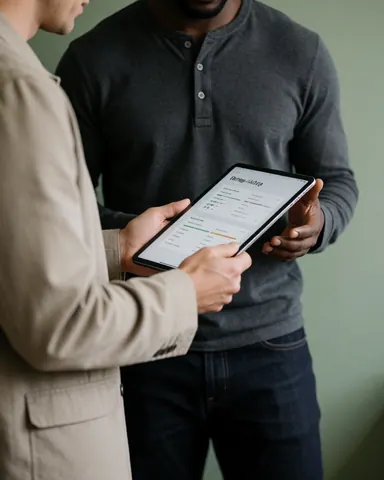 Une cliente en tenue professionnelle consulte des informations chiffrées sur une tablette dans un bureau vert, accompagnée d'un jeune homme en chemise et veste.