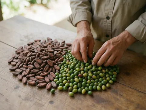 Main adulte sélectionnant du cacao et du café verts sur une table en bois rustique sous lumière naturelle, scène de production agricole et artisanale.