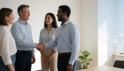 Quatre personnes dans une salle de réunion lumineuse. Deux hommes se serrent la main tandis que deux autres observent avec des sourires, créant une ambiance professionnelle et conviviale.